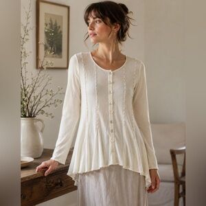Mansted Cardigan M Ivory Cotton Button Front Lagenlook Cottagecore Danish Knit
